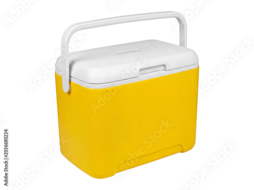 Cuadro en lienzo Yellow plastic cooler with white handle, isolated isolated on transparent backgr