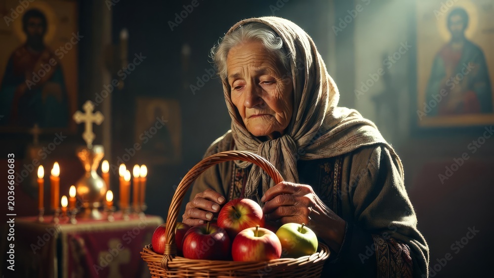 Fototapeta premium Elderly woman with apples in candlelit church interior