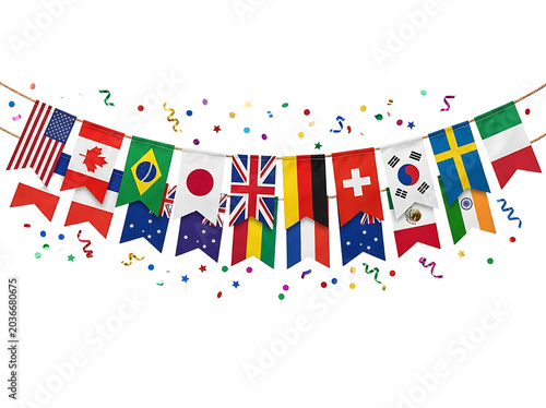 Colorful international flags bunting garland hanging in celebration against white background