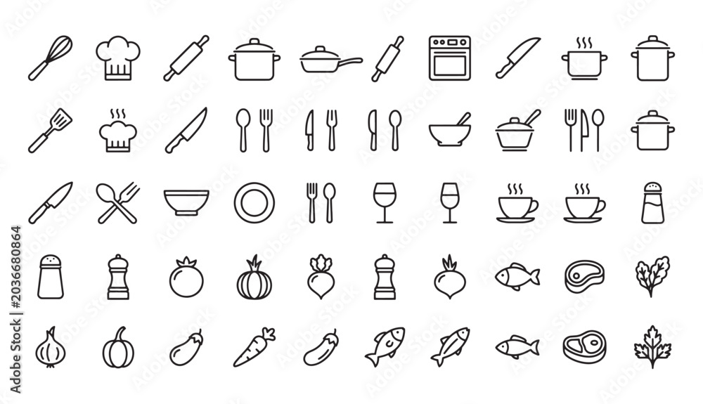 Naklejka premium Kitchenware food ingredients and cooking utensil line icons. Vector illustration