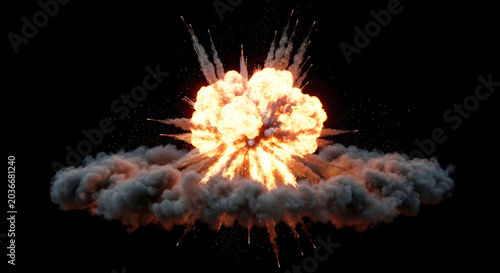 Dramatic explosion with fiery flames and billowing smoke against a black background