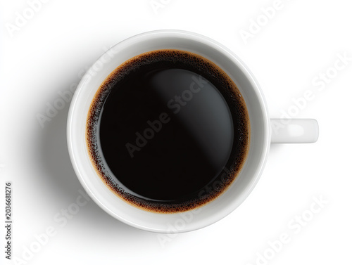 Top view of black coffee in white ceramic cup on white background