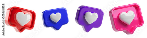 3d render of colorful social media heart notification icons isolated on transparent background