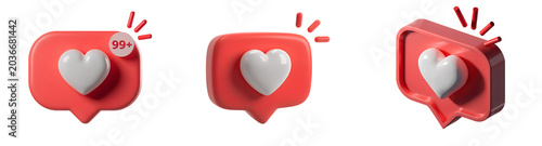 3d render of social media notification icons with heart symbols isolated on transparent background