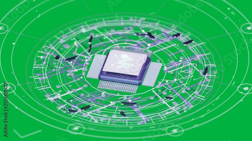 Power pulse activating core chip driving rings growing, showing data flow on transparent field