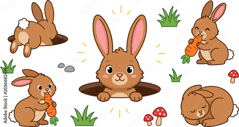 Naklejka premium Cute rabbit character collection with sleeping eating and burrowing bunny illustrations for children stickers nursery decor and playful cartoon design