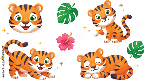 Photography Cute tiger cub character collection with playful sleeping and smiling jungle ani