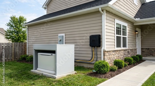 Residential backup standby generator installed outside a modern suburban house for emergency power supply.