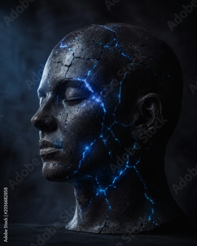 Human head statue cracked with glowing blue energy