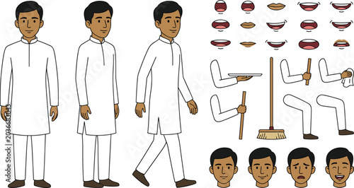 Photography Traditional Indian character turnaround illustration set with facial expressions