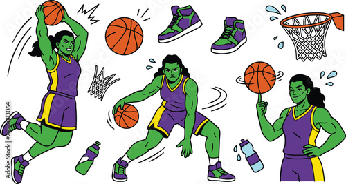 Cuadro en lienzo Women basketball player illustration set with dribbling dunking spinning ball an