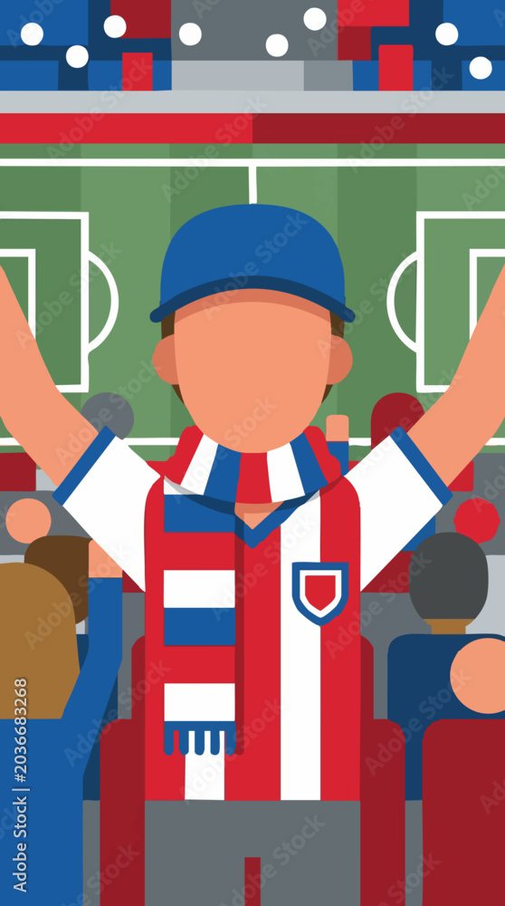 Fototapeta premium Excited football fan cheering in stadium, flat design illustration