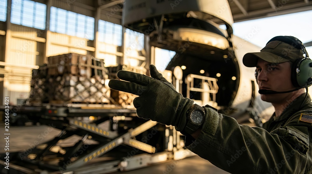Fototapeta premium Military Personnel Directing Cargo Loading into Transport Aircraft at Sunset.