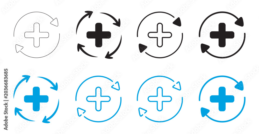 Αυτοκόλλητο Health recovery icon set vector, medical plus signs, upward arrows and refresh s