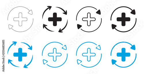 Schilderij op canvas Health recovery icon set vector, medical plus signs, upward arrows and refresh s