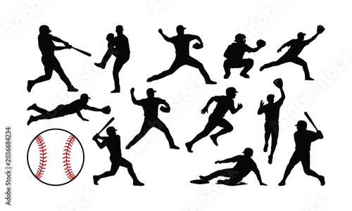 Bilde på lerret Baseball players in action silhouette collection batting fielding sliding and pi
