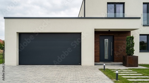 Modern residential house exterior with large garage door and entrance.