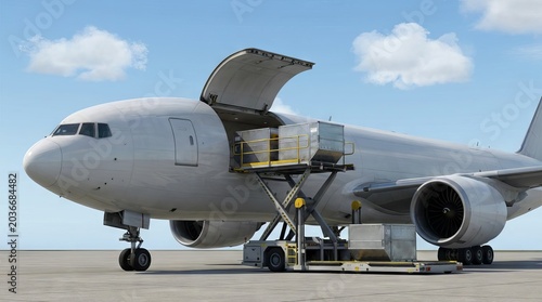 Large white cargo airplane loading freight containers on airport tarmac under clear sky.