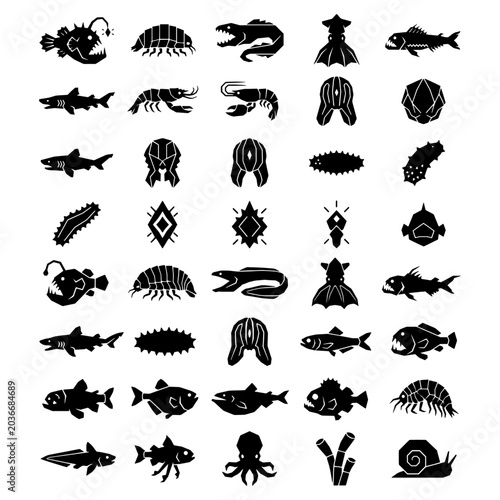 Deep sea bioluminescent creatures trench wildlife geometric icons silhouette pack