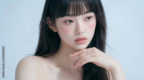 Beautiful young East Asian woman with long dark hair and pink blush makeup posing against a soft blue background.