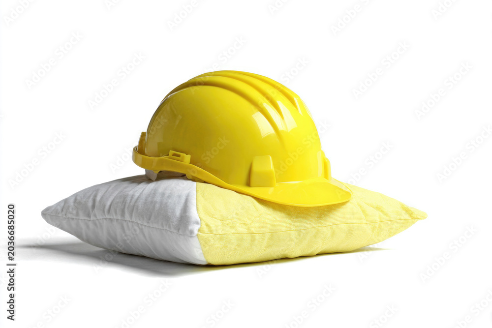 Fototapeta premium A yellow hard hat rests on a soft pillow. Space for text.