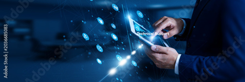 Cuadro en lienzo Support Engineer touching technical support using tablet service network, troubleshooting, system fixes, helpdesk, user assistance