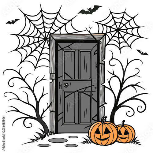 Spooky halloween door with webbed trees jack o lantern pumpkins and bats