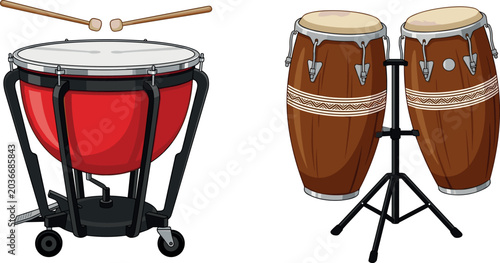 Canvastavla Professional Percussion Instrument Set Featuring a Red Timpani Kettle Drum with