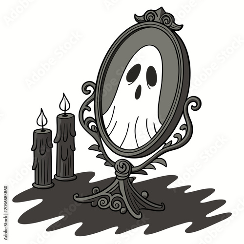Canvas Print Cartoon ghost reflection in an antique ornate mirror with lit wax candles