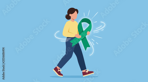 Quadro su tela Woman Walking with Green Awareness Ribbon for Mental Health Support