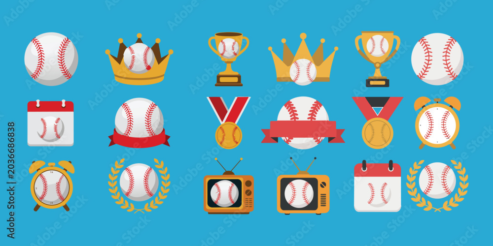 Φωτογραφία A vibrant collection of baseball themed icons featuring balls, trophies, medals,