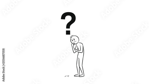 Tableau sur toile A simple line drawing of a confused person with a large question mark above their head, contemplating a small object on the ground