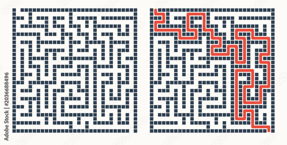Fototapeta premium Labyrinth game grid, vector illustration style, black and red on white, puzzle solution visualization with solved path highlighted, educational brain teaser with copy space