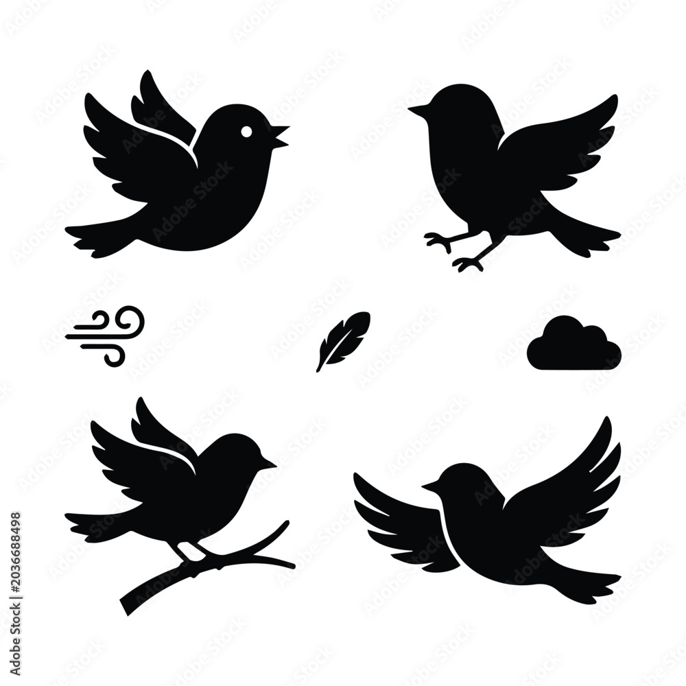 Fototapeta premium Cute black bird silhouettes and nature elements pack