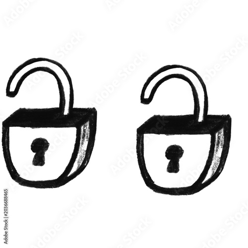  Doodle of Two Unlocked Padlocks Side by Side, Hand Drawn Security Line Art