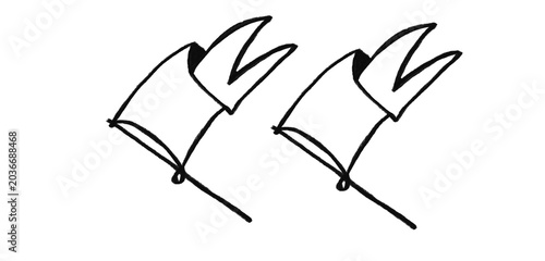 Doodle of Two Waving Flags or Pennants, Minimalist Line Art Illustration