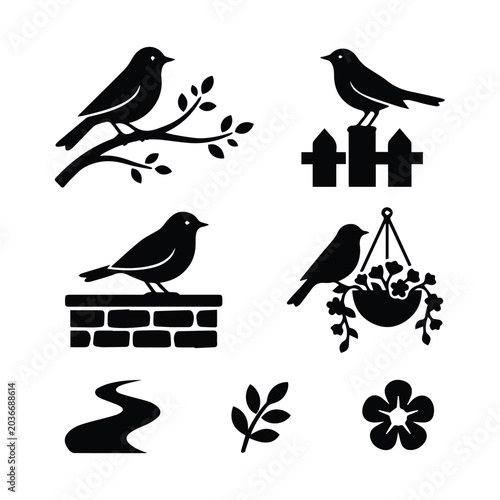 Fotografía Minimalist songbird icons on garden fence and branches