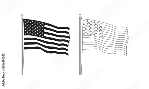 American flag silhouette and line art illustrations on white background