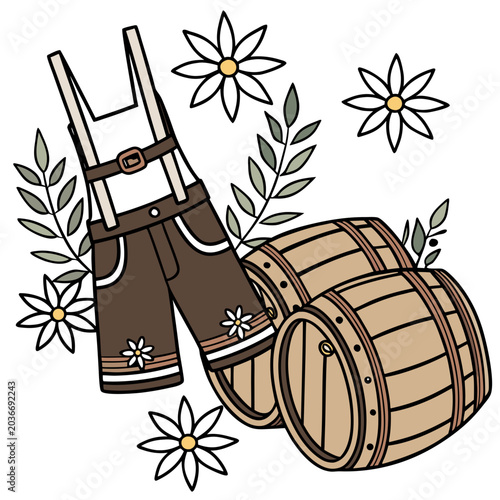 Photos Traditional lederhosen shorts and wooden barrels with daisy flowers, lederhosen