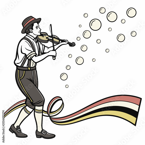 Cuadro en lienzo Man in traditional german lederhosen playing violin with bubbles and flag