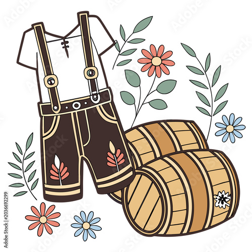 Photos Traditional bavarian lederhosen shorts with beer barrels and wild flowers