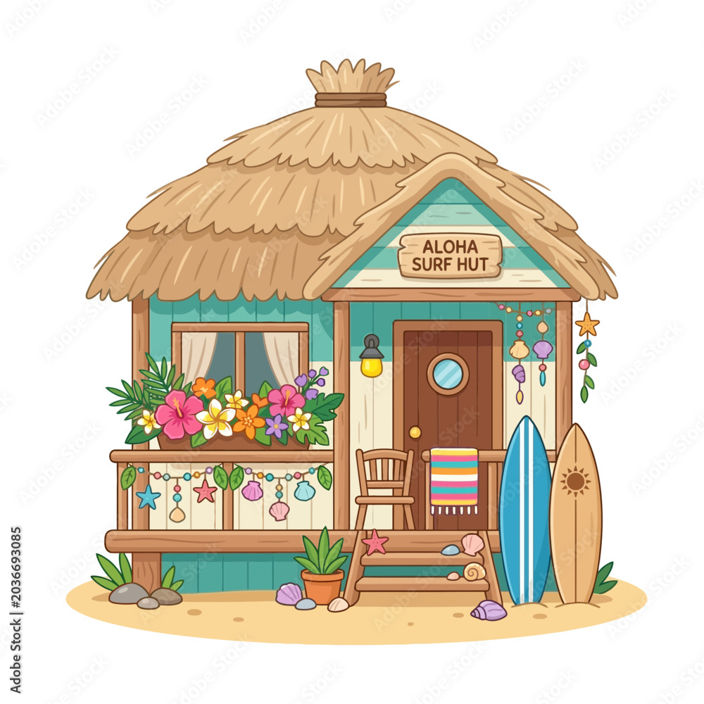 Obraz premium Cartoon Surf Hut on Beach, Tropical Vacation