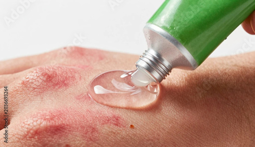 Applying soothing aloe vera gel on sunburnt skin, after sun skincare treatment.