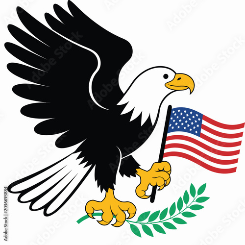 Adobe Illustrator Artwork Bald eagle holding American flag with laurel branch
