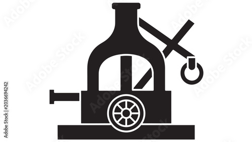 Fotografie Steam Engine with a Large Wheel and a Lever, Depicted in a Minimalist Black and