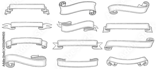 Vintage ribbon banner set with hand drawn scroll elements for decorative design
