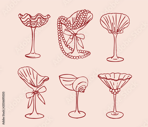 Vector illustration. Seashell glasses. Hand drawn. Set of cocktail glasses. Sketches of glasses. Seashell-shaped bowls. Nautical theme in glassware design. Beads in a glass. Whimsical glassware.
