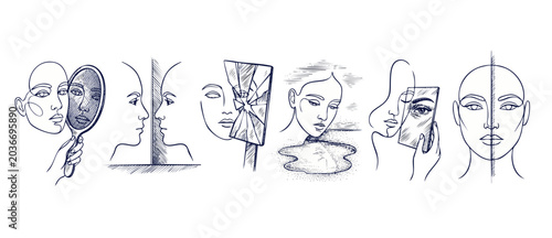 Bild auf Leinwand Mental health line drawing faces reflecting in mirrors symbolizing identity, human psychology, self-acceptance, ego and emotional struggle, minimalist vector sketches set isolated on white background