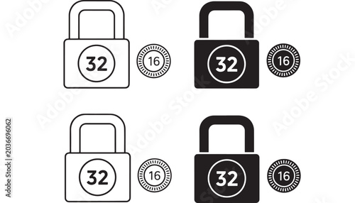 Photos Padlocks in a Row with Security Lock Icon, Pin Key Numbers and Lockout Concept o