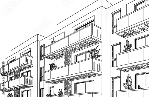 Modern apartment building, architectural line drawing, urban residential complex, black and white vector illustration